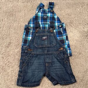 Baby OshKosh B'gosh Blue Plaid and Denim Overalls size 6 months set of 2